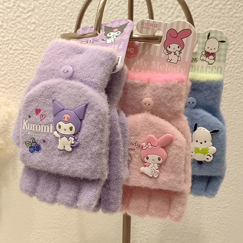 Sanrio Cartoon Children's Gloves Winter Half Finger Clamshell Girls Kawaii Primary School Handwriting Fingerless Warm Gloves