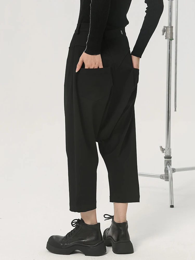 [EAM] pantalones bombachos largos irregulares breves negros de cintura alta nuevos pantalones holgados moda mujer tendencia primavera otoño 2025 1DH2084