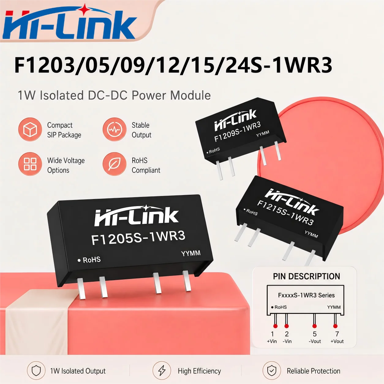 Hi-LinkF1205S F1212S 1W 4Pin SIP Voltage Transducer 3000VDC Dielectric Separation 90 Percent Transfer Low Idle Power Consumption