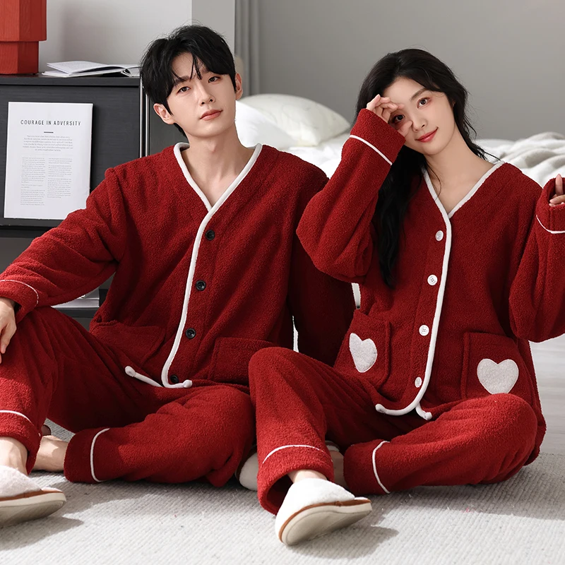 Couple Pajamas Set Women Men Warm Fleece Pijama Winter Solid Sleepwear Lovers Kimono Home Clothing