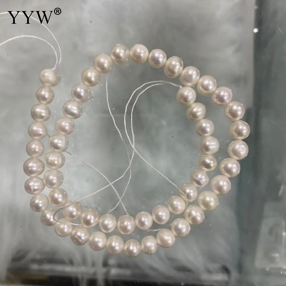 Slightly Round Natural Freshwater Pearl 1 Strand White 7-8mm Loose Beads for Apparel Sewing Garment Jewelry Making Accessories