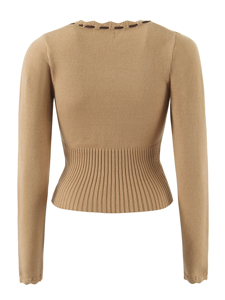 تشو ساو بيوتي 2025 المرأة موضة جديدة الحلو القوس تعادل شيك س الرقبة واحدة الصدر سترة مشغولة من الصوف مثير سليم كم طويل البلوزات #2