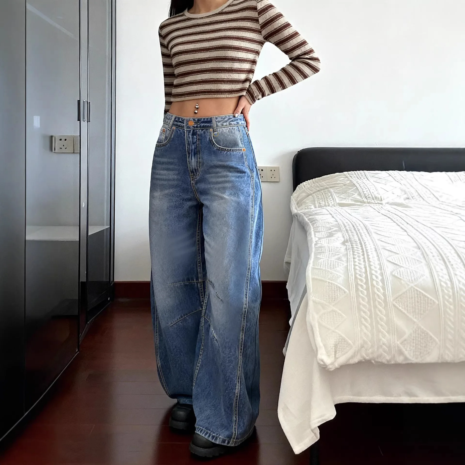 

Retro Washed Blue Denim Jeans Women's Fashion Design Versatile Long Pants Low Waist Straight Leg Casual Style Comfortable Fit