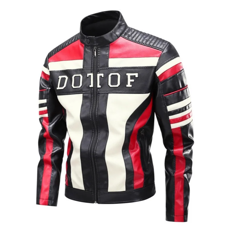 

Autumn Man Leather Jacket Contrast Color Patchwork Letter Printed Male Coat Motorcycle Punk Stand Collar Long Sleeve Men Coat