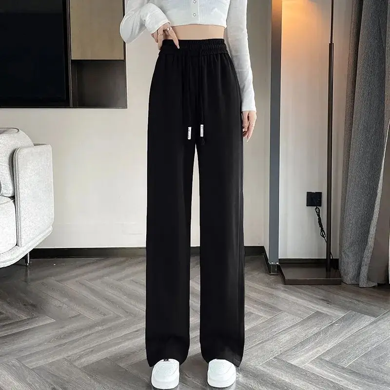 Spring Autumn Women Casual Striped Sports Pants Korean Fashion New Elastic High Waist Versatile Loose Basic Straight Trousers