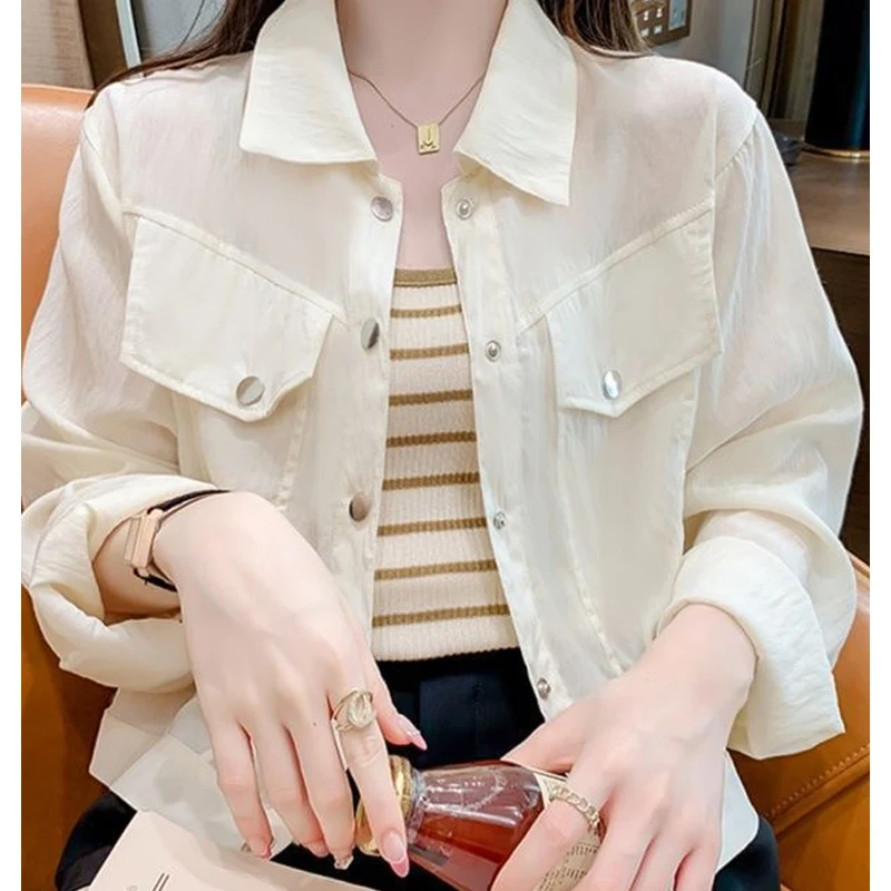 spring autumn new Solid color shirt women High street Turn-down Collar Long Sleeve Pockets Cardigan Korean style elegant tops