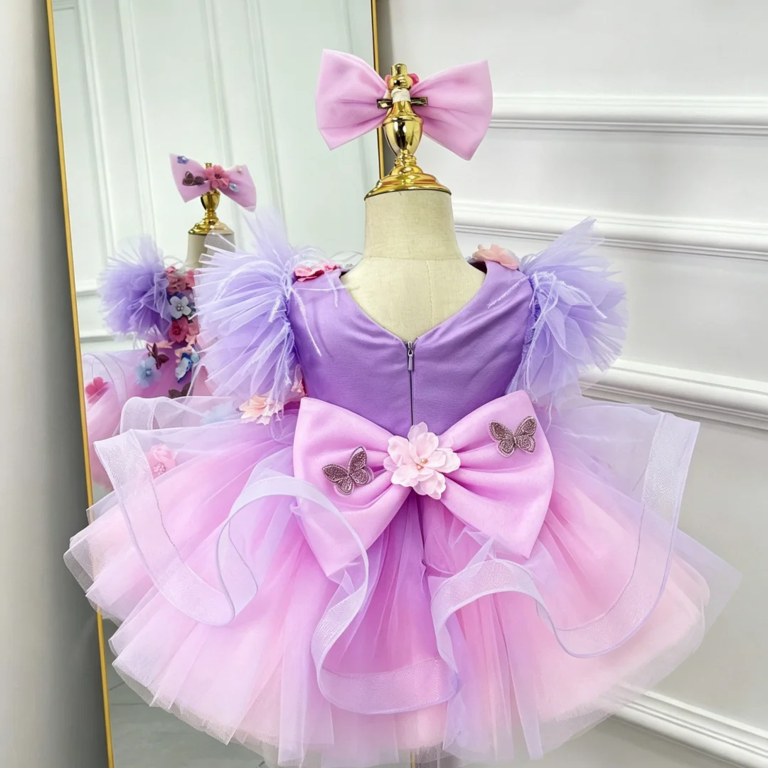 New Floral Children's Wedding Dress Tulle Embroidered Applique Puffy Short Dress for Girls Luxury Party Dress