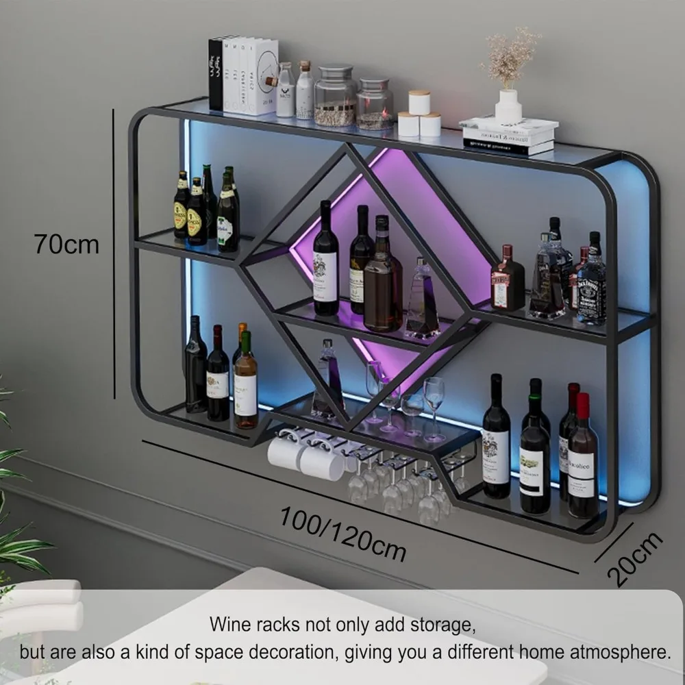 Wine Rack Bar Shelves Wall Mounted with Hanging Wine Glass Rack Holder Mini Bar Liquor Cabinet Bar Bottle Display Shelf