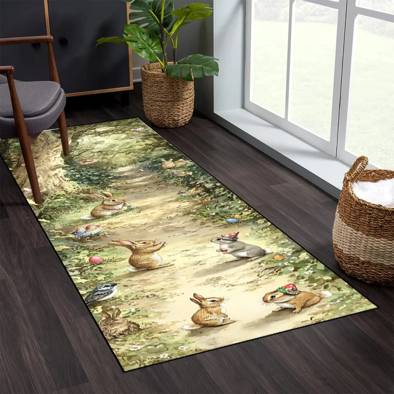 VIKAMA Forest Rabbit Easter Runner Rug Non-Slip Wear-Resistant Home Kitchen Corridor Decorative Doormat