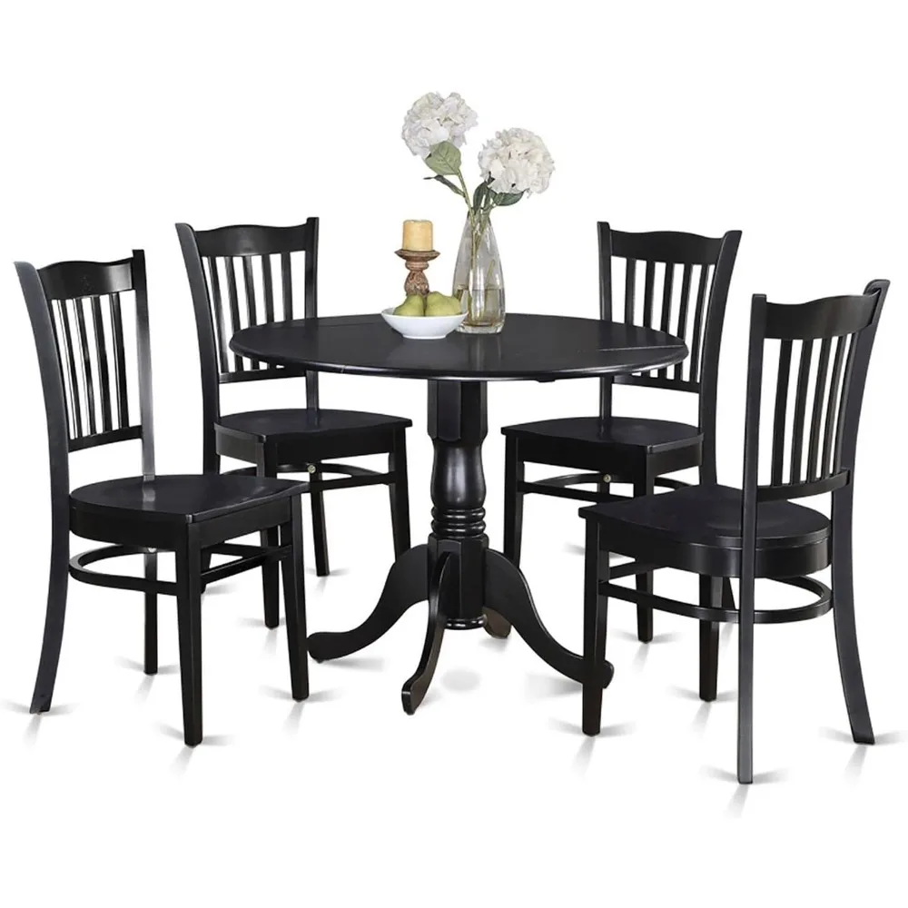 5 Piece Dining Table Set Includes A Round Dinner Table with Dropleaf and 4 Wood Seat Chairs, 42x42 Inch, Black Dining Room Sets