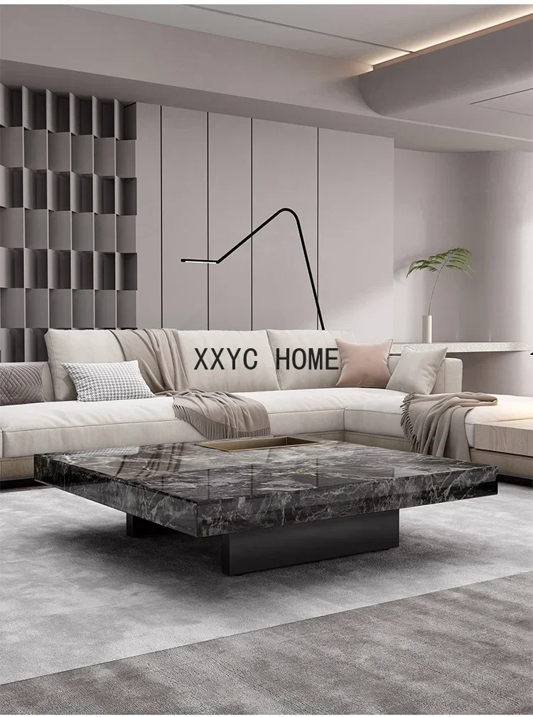 Tavolino da caffè quadrato in pietra, soggiorno, casa, luce, lusso, moderno, semplice, grande appartamento, alto senso