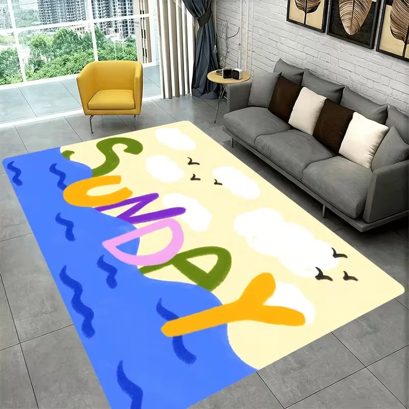 Colorful Hand Drawn SUNDY Cloud Wave Area Rug Non Slip Floor Mat Cute Abstract Letter Bird Print Soft Carpet Living Room Decor