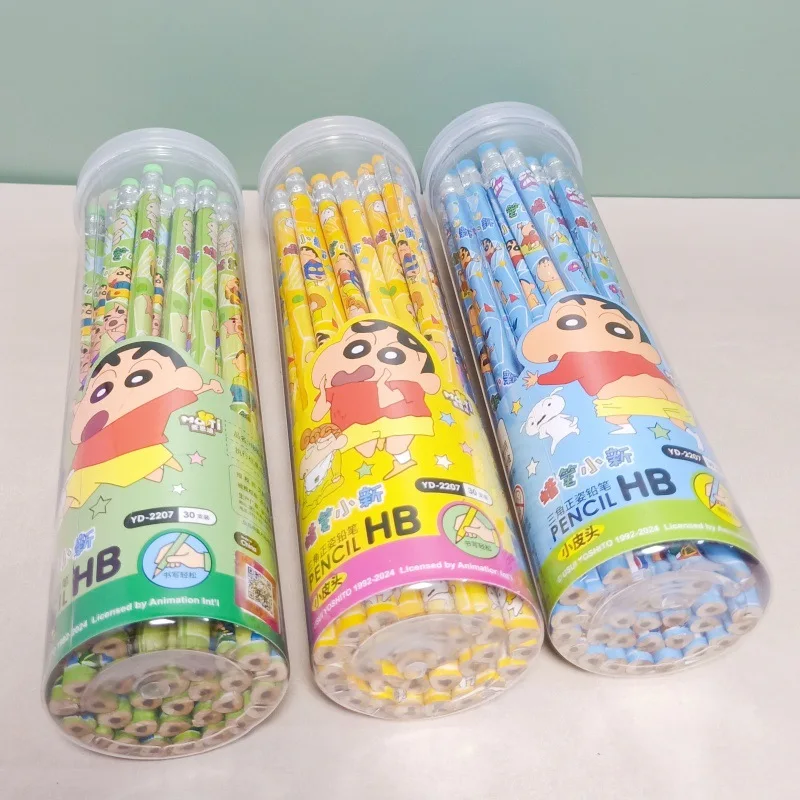 Cartoon 30pcs/Barrel Crayons Shin-Chan Wooden Pencil With Leather Eraser Hb Student Pencil Art Painting Pencil Stationery Gift