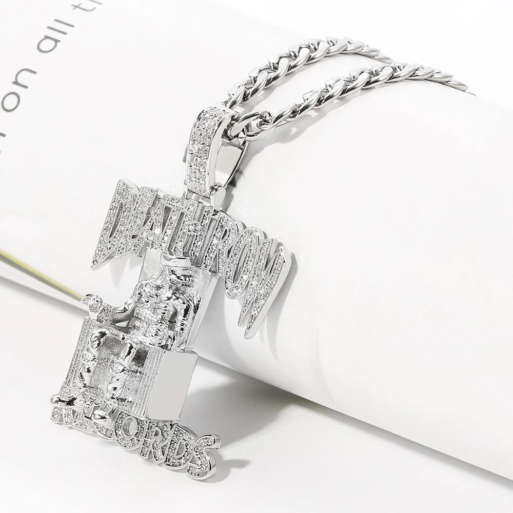 Hip Hop DEATHROW RECORDS Prisoner Necklace Rhinestones Pendant Accessories For Man Woman Iced Out Jewelry