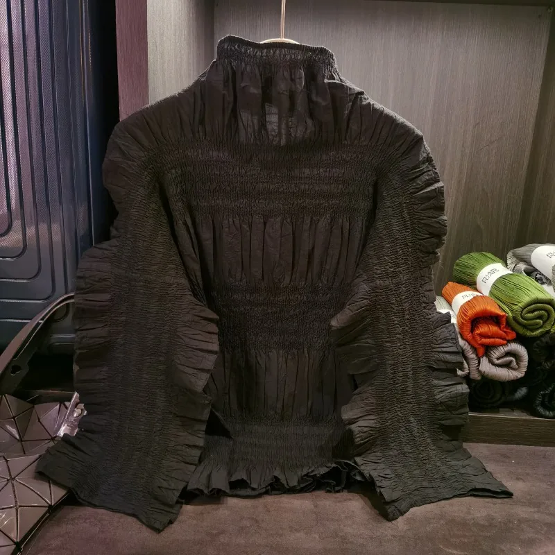 

Miyake однотонный воротник-стойка женские топы с длинными рукавами простой элегантный нежный кардиган осенняя повседневная футболка больших размеров рубашка