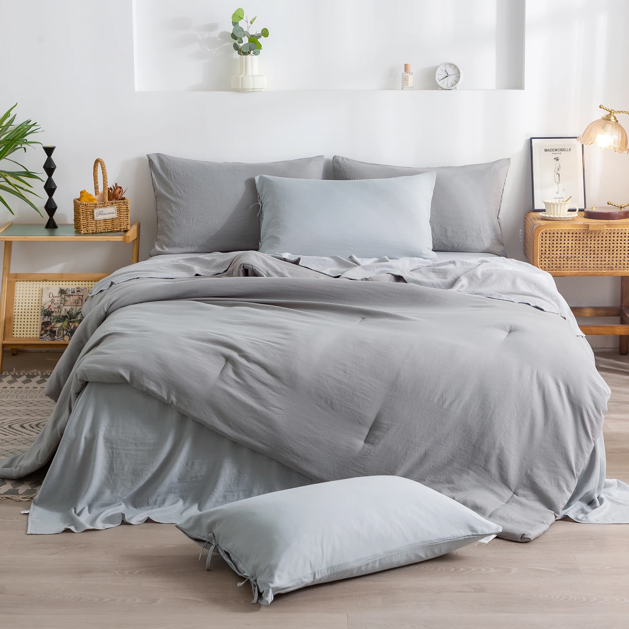 Full size bed quilt and bedding set pillowcase7-piece bed bag,Super soft washed polyester cotton, dark gray and Light gray