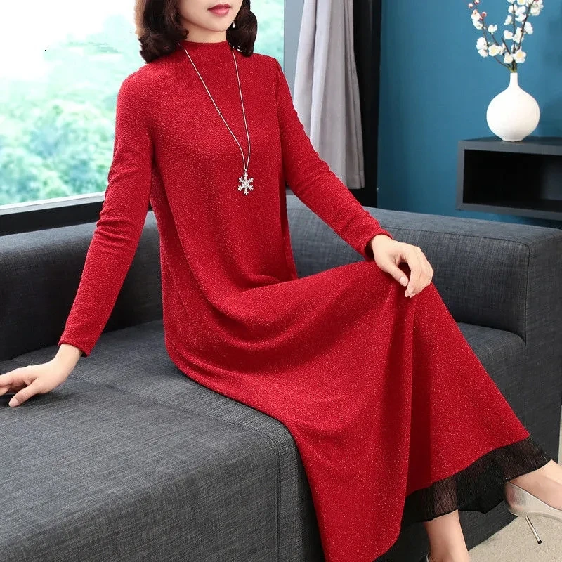 

Spring Autumn Women Dress New Style Large Size Solid Color Bright Long Dresses Long Sleeve Winter Add Velvet Mother Vestidos 6XL