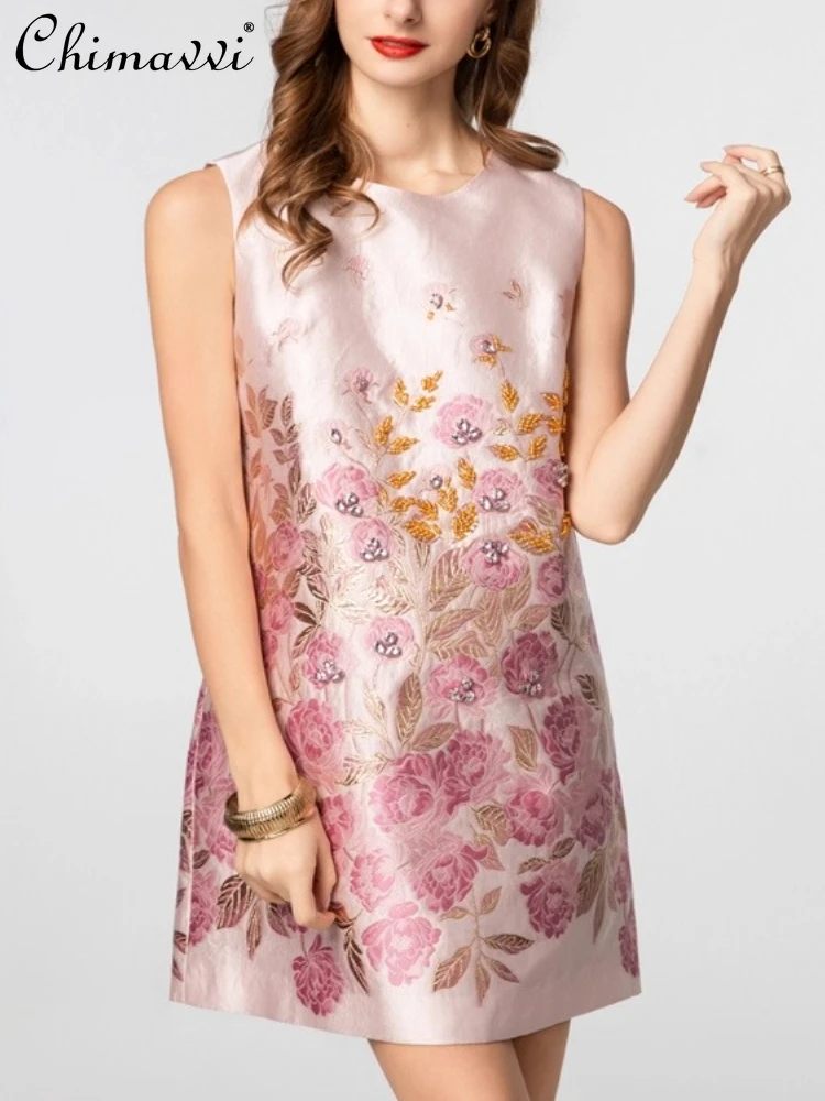

French Elegant Temperament Socialite Beaded Diamond Round Neck Sleeveless High Waist A-line Printed Short Dress For Women Summer