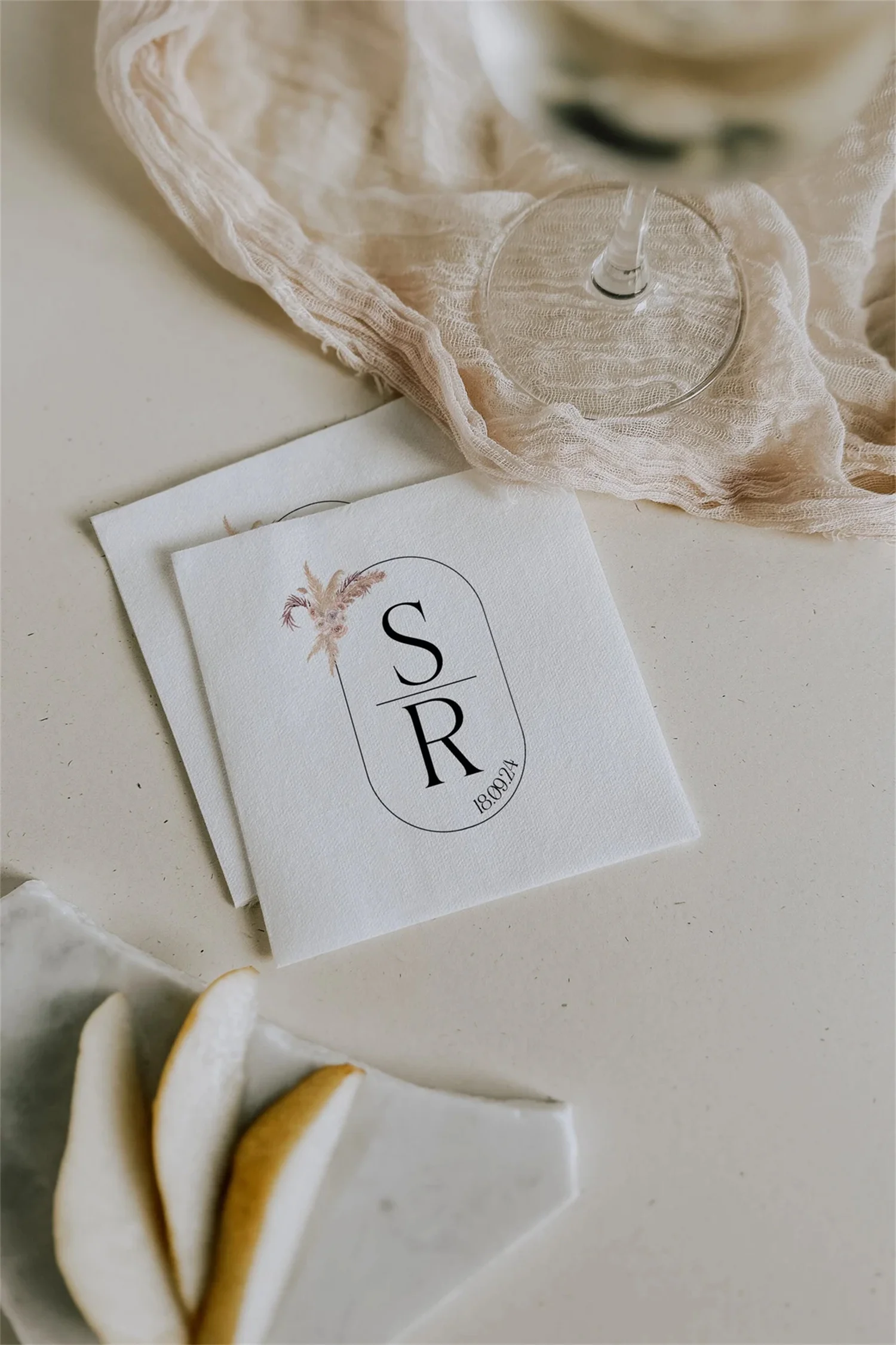 50pcs Modern Boho Printed Napkins for Wedding | Custom Monogram Cocktail Napkin for Wedding Bar Reception | Boho Wedding Table D