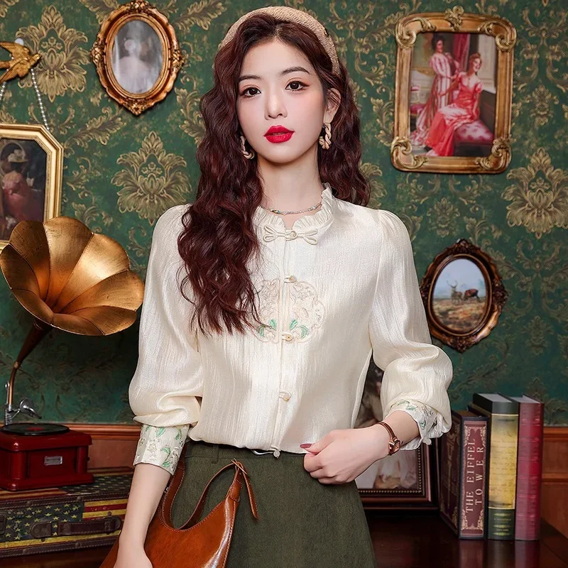 

Satin Women's Shirts Summer Embroidery Chinese Style Blouses Loose Long Sleeve Women Tops O-neck Vintage Clothing