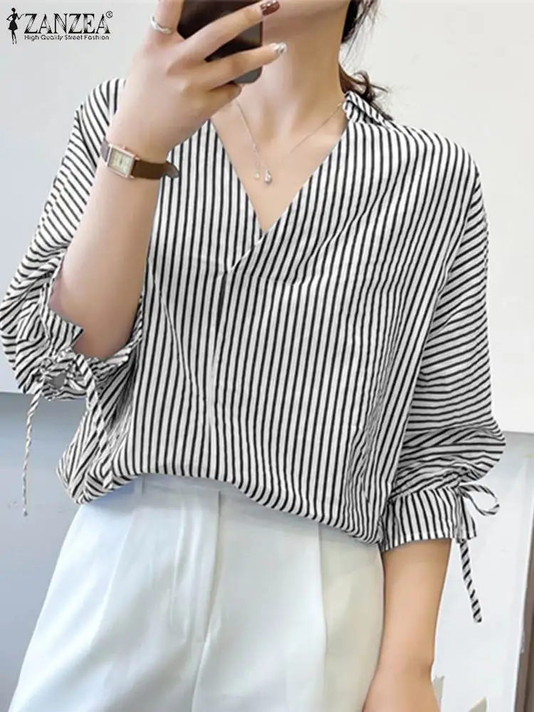 

ZANZEA 2024 Summer V-neck Stripe Print Thin Shirt Women Vintage Office Bandage Cuff 3/4 Sleeve Blouse Tops Casual Loose Blusas