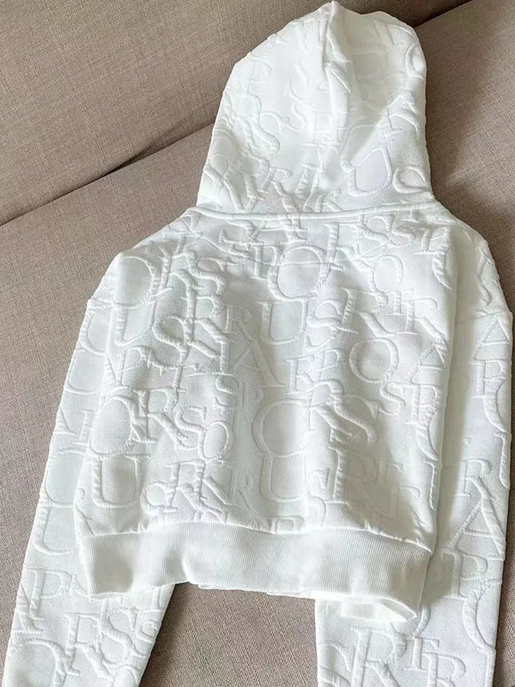 Conjuntos de agasalho impressão letra para mulheres, manga longa, capuz, shorts de cordão, roupa com zíper, 2 peças, novo