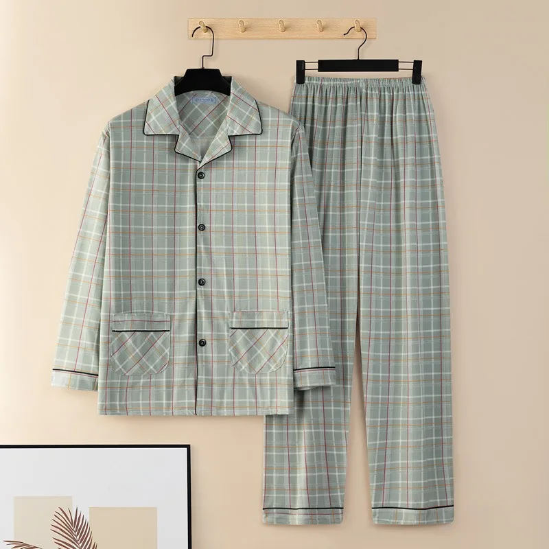 Plus Size Men Pyjamas Fall and Winter Plaid Simple Sleepwear Homewear Cardigan Button down Tops and Pants Nightwear Loungewear