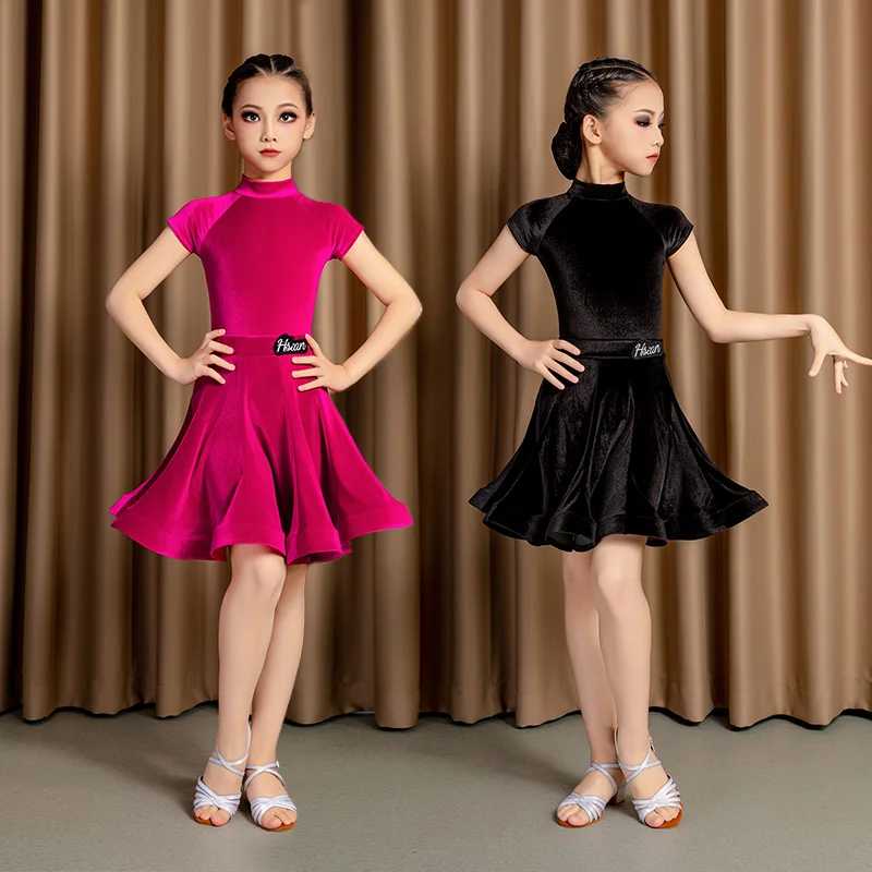 Children's Latin Dance Costumes Short Sleeves New Velvet Summer Autumn Practice Grade Test Competition Regulations