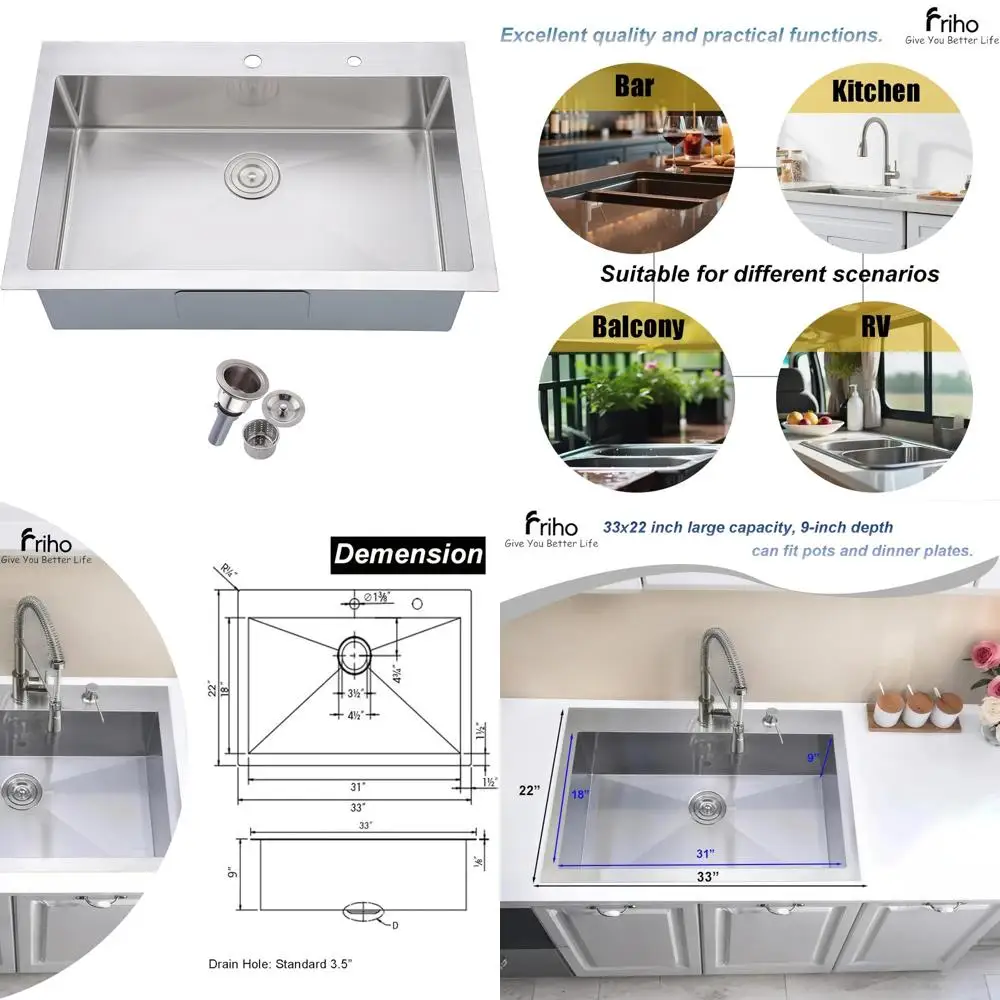 

Commercial Grade 18 Gauge Stainless Steel Single Bowl Kitchen Sink with Basket Strainer, Top Mount, 33x22 Inches, Handcrafted fo
