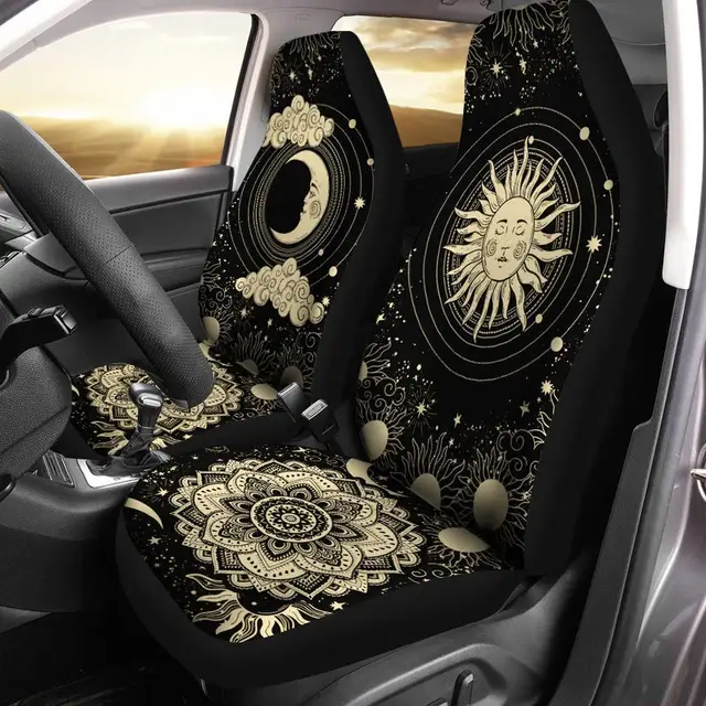 Dekoracja samochodu Mandala, słońce i faza księżyca niebiańskie gwiazdy pokrycie siedzenia samochodu, Boho Hippie okładka, przednie siedzenie Protector, dla SUV, Jee