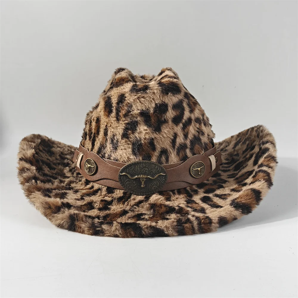 Leopard Print Rabbit Fur Cowboy Hat 7.5 cm Western Cowboy Fedora Men and Women's Panama Fashion Travel Party Hat Warm Cowboy Hat