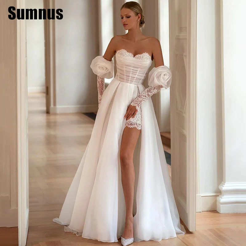 Sumnus-vestidos de novia elegantes de corte a, vestidos de novia hasta el suelo con escote en forma de corazón, vestido de novia con abertura alta y encaje personalizado