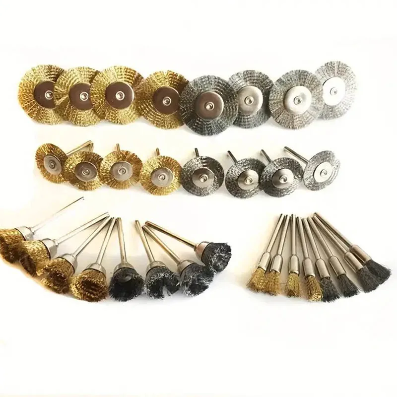 9pcs Steel Wire Brass Brush Rotary Tool Electric Dremel Drill Bit Polishing Grinding Wheel T-shaped Brush Accessories