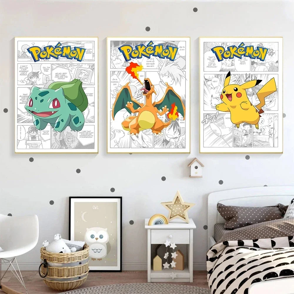 Pokemon urządzenia peryferyjne plakaty Pikachu Bulbasaur Charizard Snorlax na płótnie malarstwo Anime wydruki artystyczne na ścianę dla dzieci