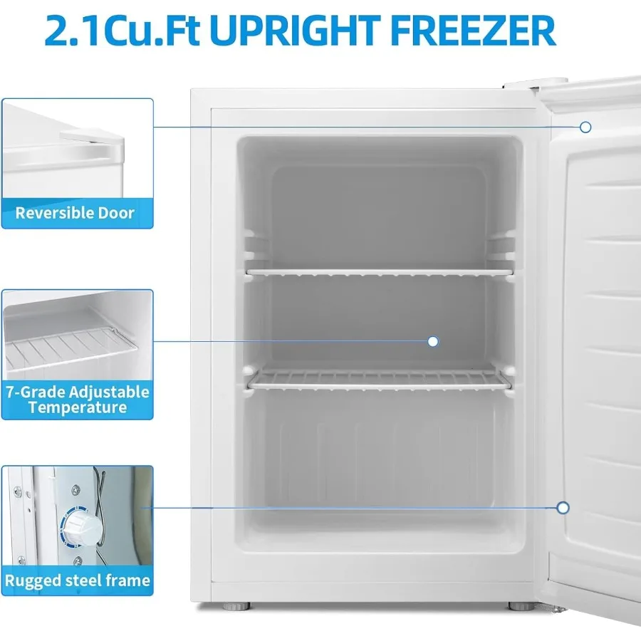 2.1 Cu.ft Small Upright Freezer Compact Mini Freezer with Removable Shelves Adjustable Thermostat Reversible Door Hinge Quiet O