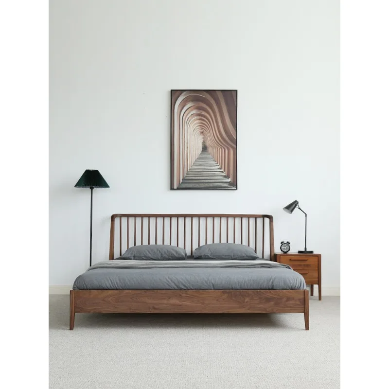 Walnut furniture double bed, log bedroom Japanese style modern simple bed