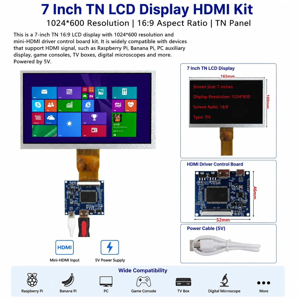 

7 Inch 1024*600 Mini HDMI Controller Driver Board TFT LCD Screen For Computer Case Monitor Display banana/orange/Raspberry Pi PC