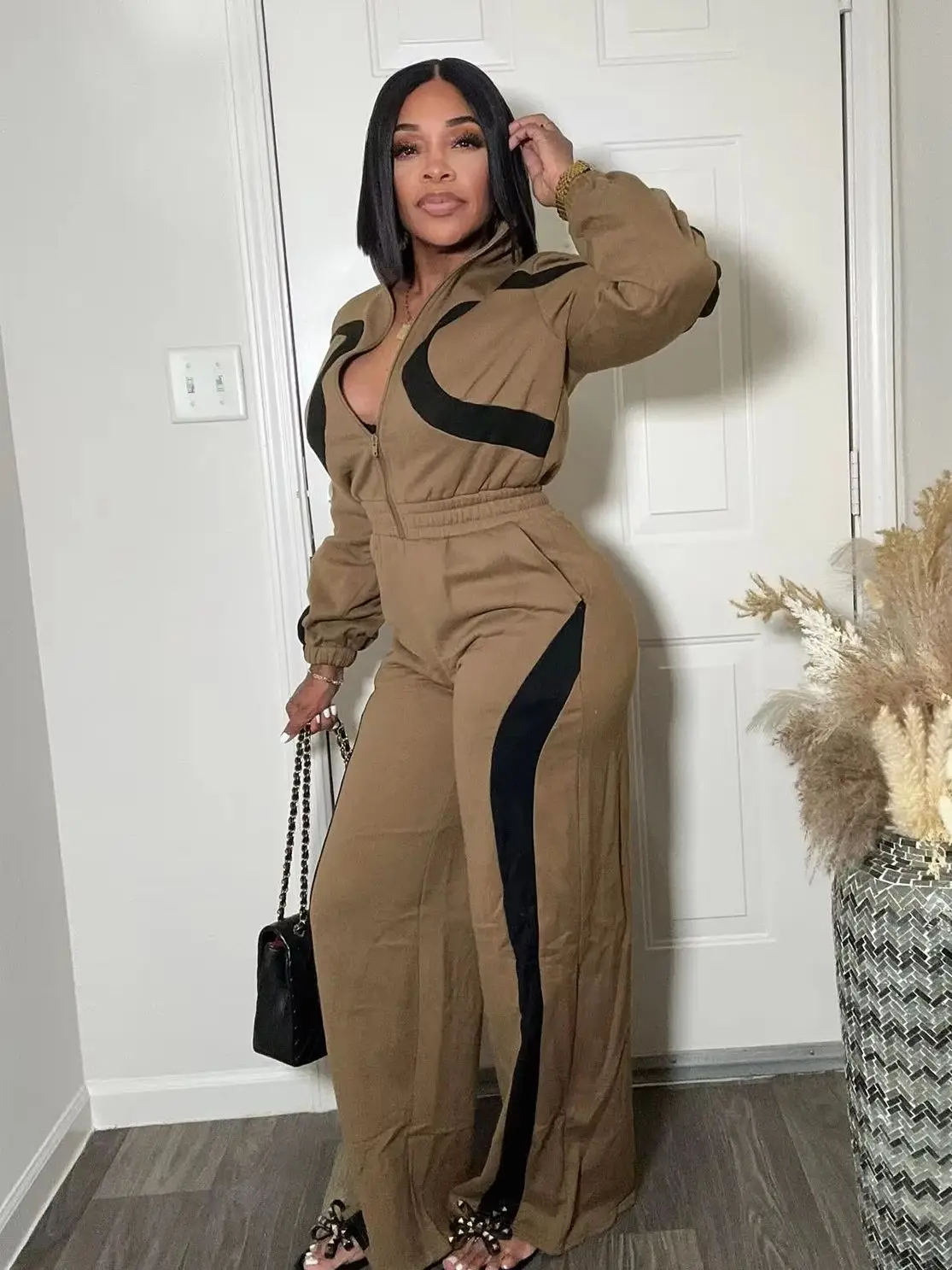 

Sisterlinda Women Patchwork 2 Piece Set Casual Sporty Tracksuit Full Sleeve Zip Crop Jacket+Straight Pants Stretch Streetwear