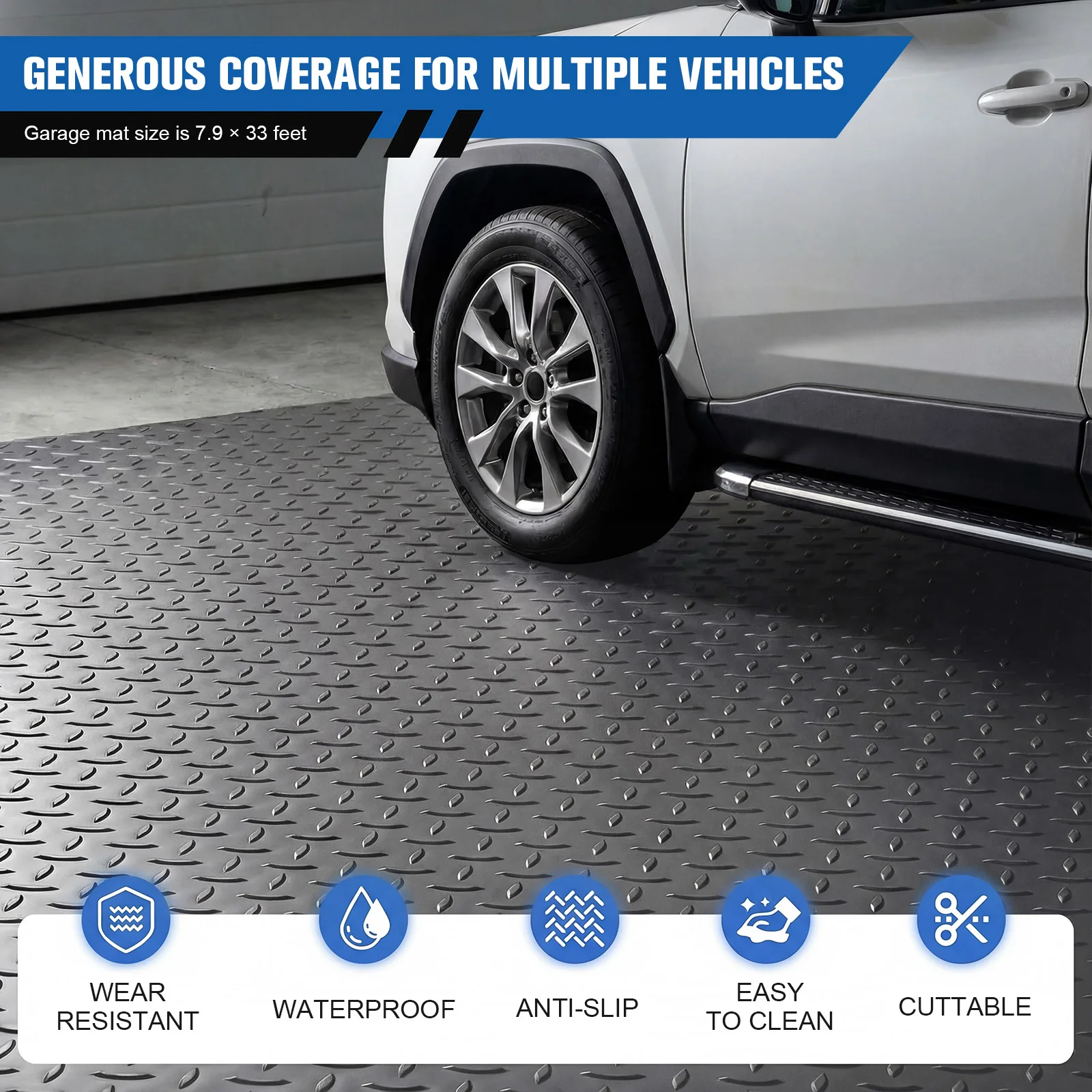 

7.9x21/32.8 FT Golf Cart Parking Mat 2.5mm Motorcycle Mat Diamond Plate PVC for Truck Trailer SUVs Van Golf Cart Motorcycle