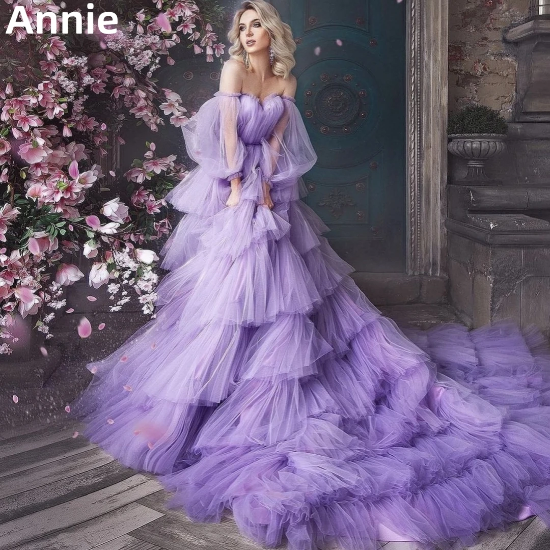 Annie Lavender Purple Prom Dresses Puff Sleeve Tulle Multi-layer Evening Dress فساتين السهرة Wedding Formal Occasion Party Dress