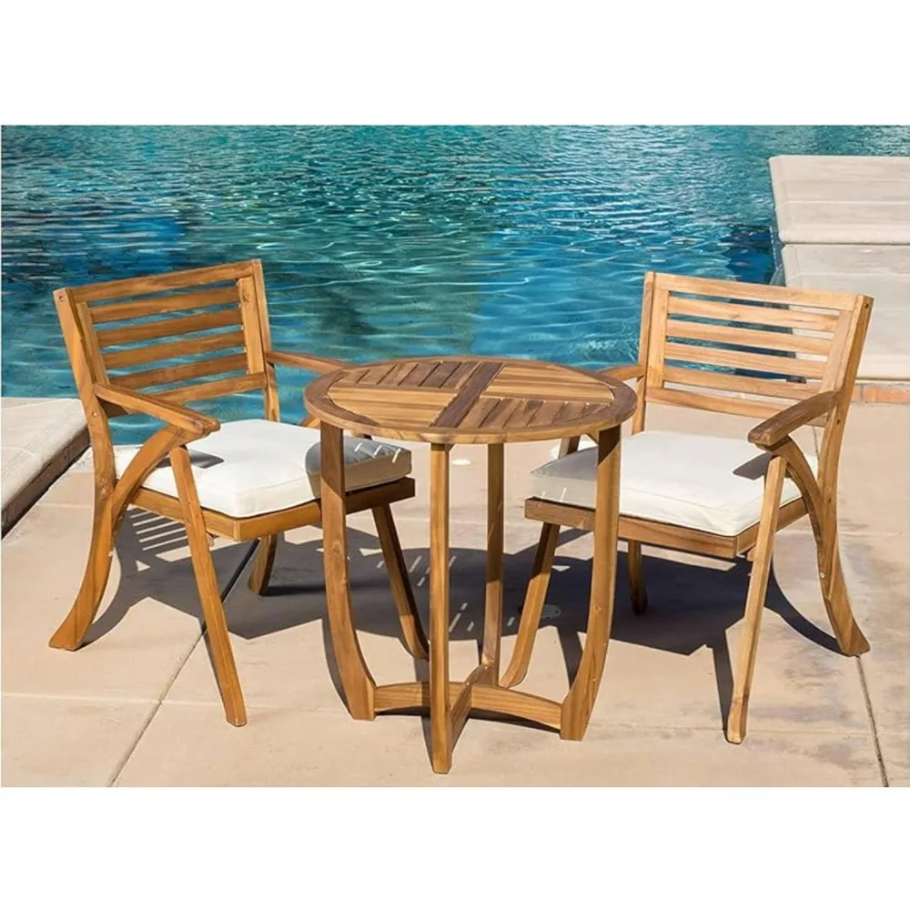 

Bistro Table Chair Set for 2, Industrial Wooden Dining Table and 2 Chairs, Porch Furniture Conversation Set, Acacia Wood Patio S