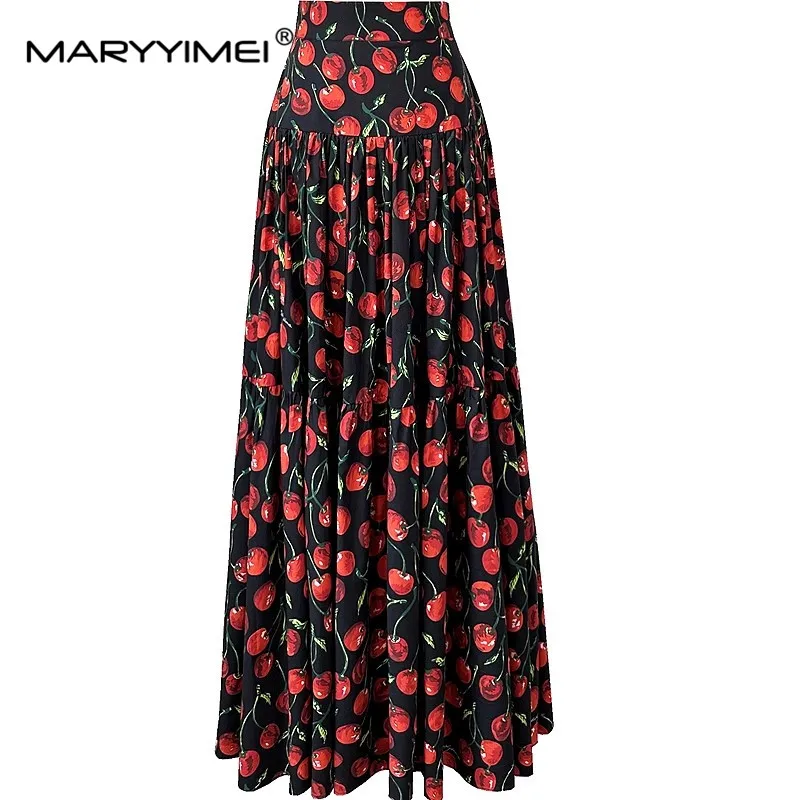 Imagem -02 - Maryyimei-saia de Algodão Puro Feminino Estampa Frutas Cintura Alta Casual Material Natural Elegante Moda Primavera Verão Novo