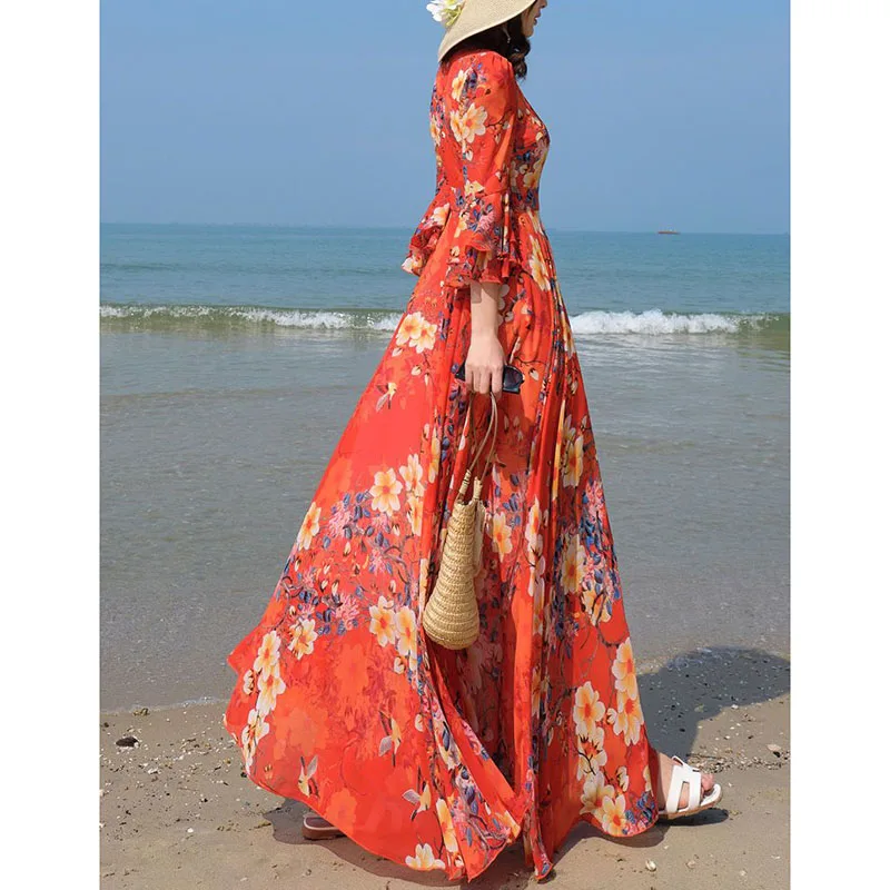 Summer Chiffon Half Sleeve Maxi Dress Floral Women Elegant Luxury Vestidos 2024 Fashion Vintage Party Bodycon Prom Long Dresses