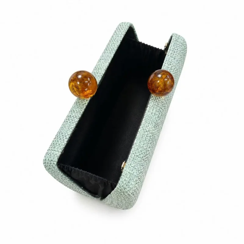 French Style Sage Green Woven Clutch Bag  Amber Lock Hard Box Purse Women Summer Wedding Evening Handbag Tweed Textured Fabric
