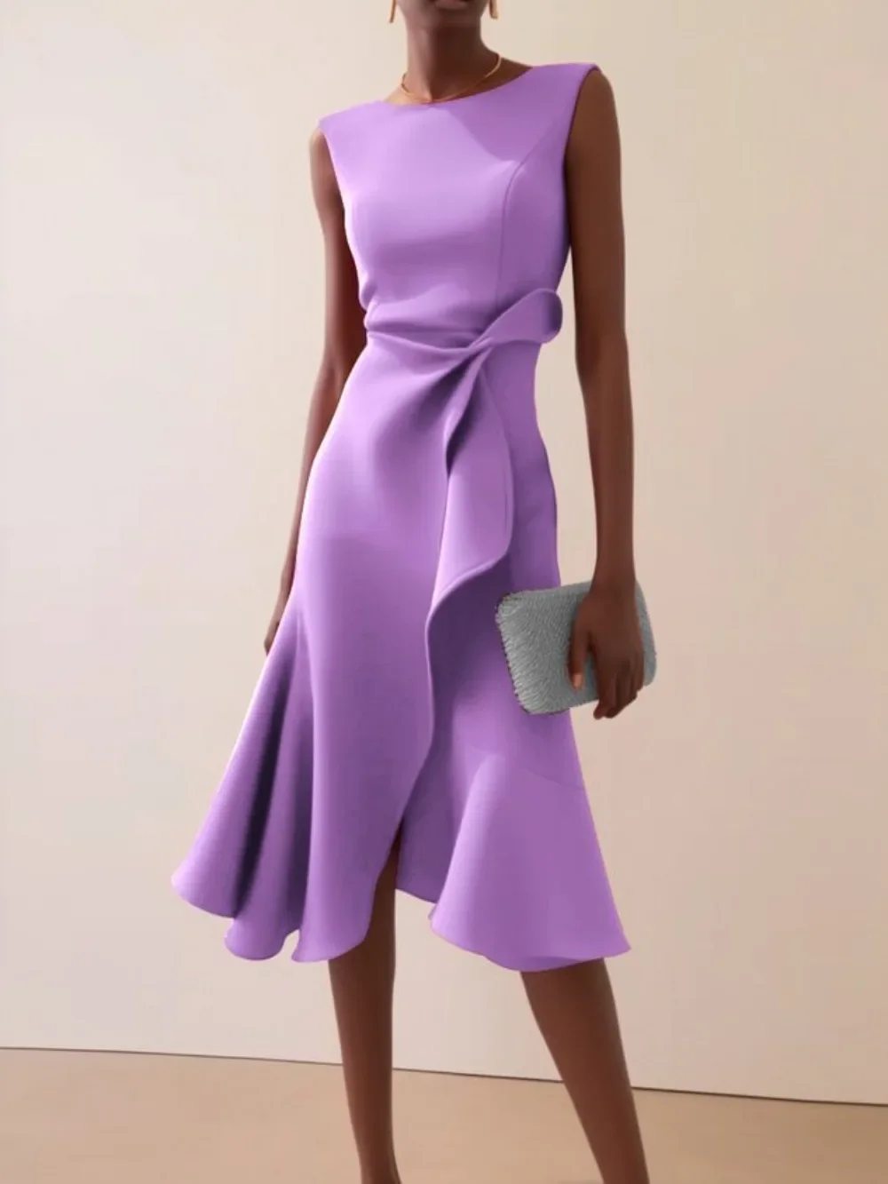 

Summer Elegant Sleeveless Dress Women Fashion OL Solid Round Neck Sleeveless Ruffle Irregular Dress Women