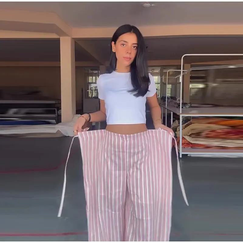 Casual Striped Women's Trouser Lace-Up Adjust Belt High Waist Wide Leg Pants 2026 Summer Autumn Fashion Female Street Trousers