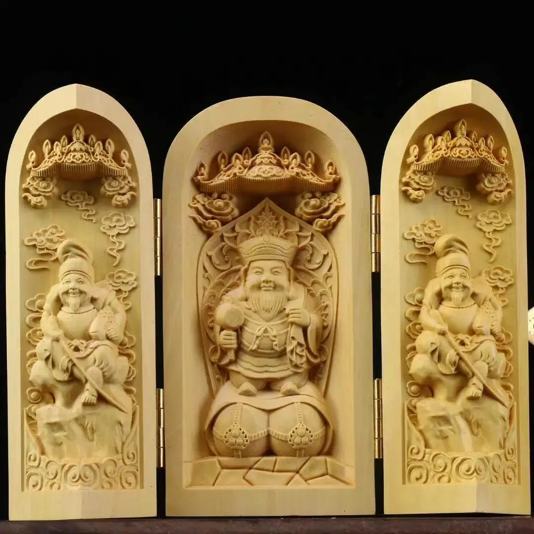 V8 boxwood carving Buddha statue home ornament portable casket Guanyin Guan Gongfang three holy three open box