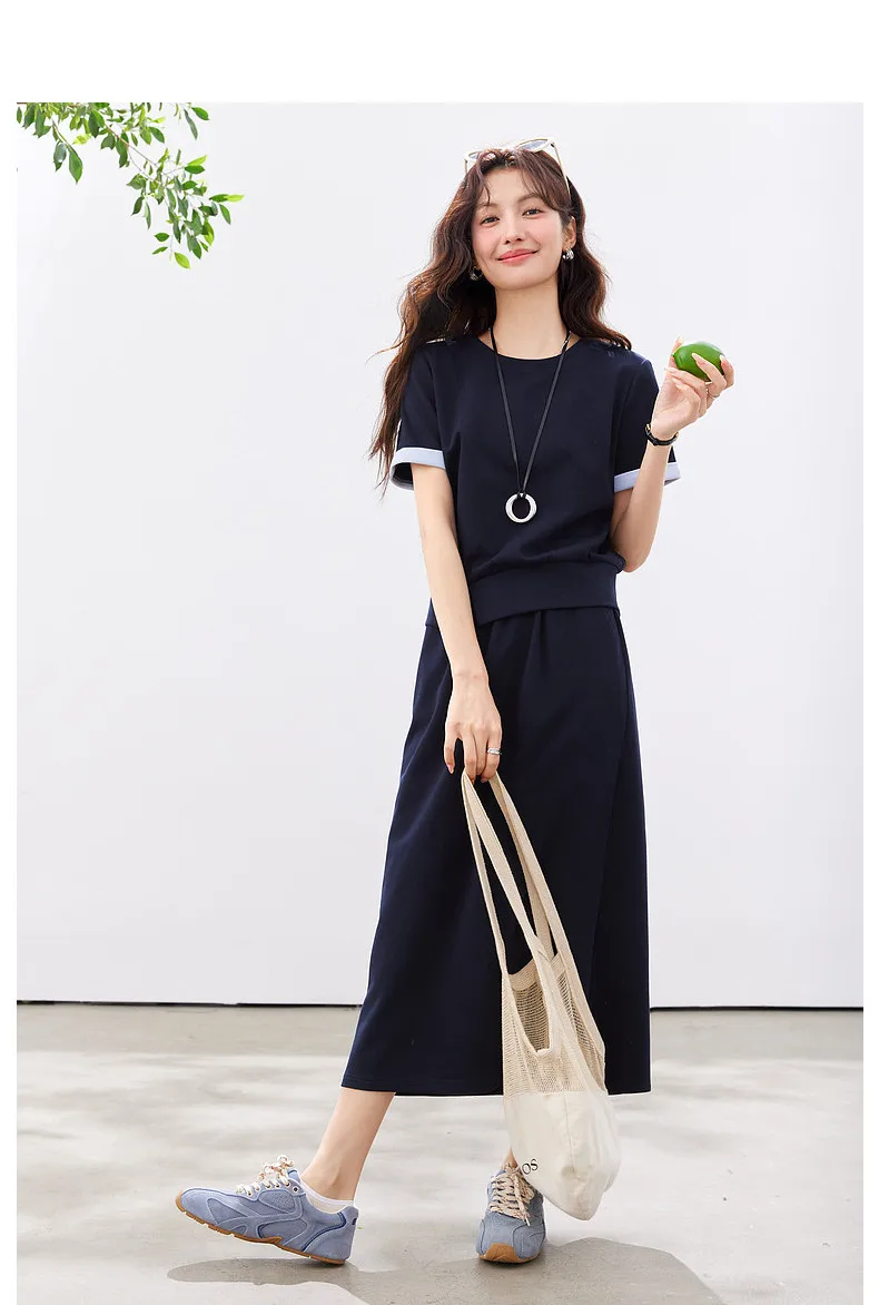 VIMLY Navy Casual Office Women's Suit 2026 Summer Contrast Folded Cuff Short Sleeve Tee Elastic Waist Straight Skirt Sets A6390