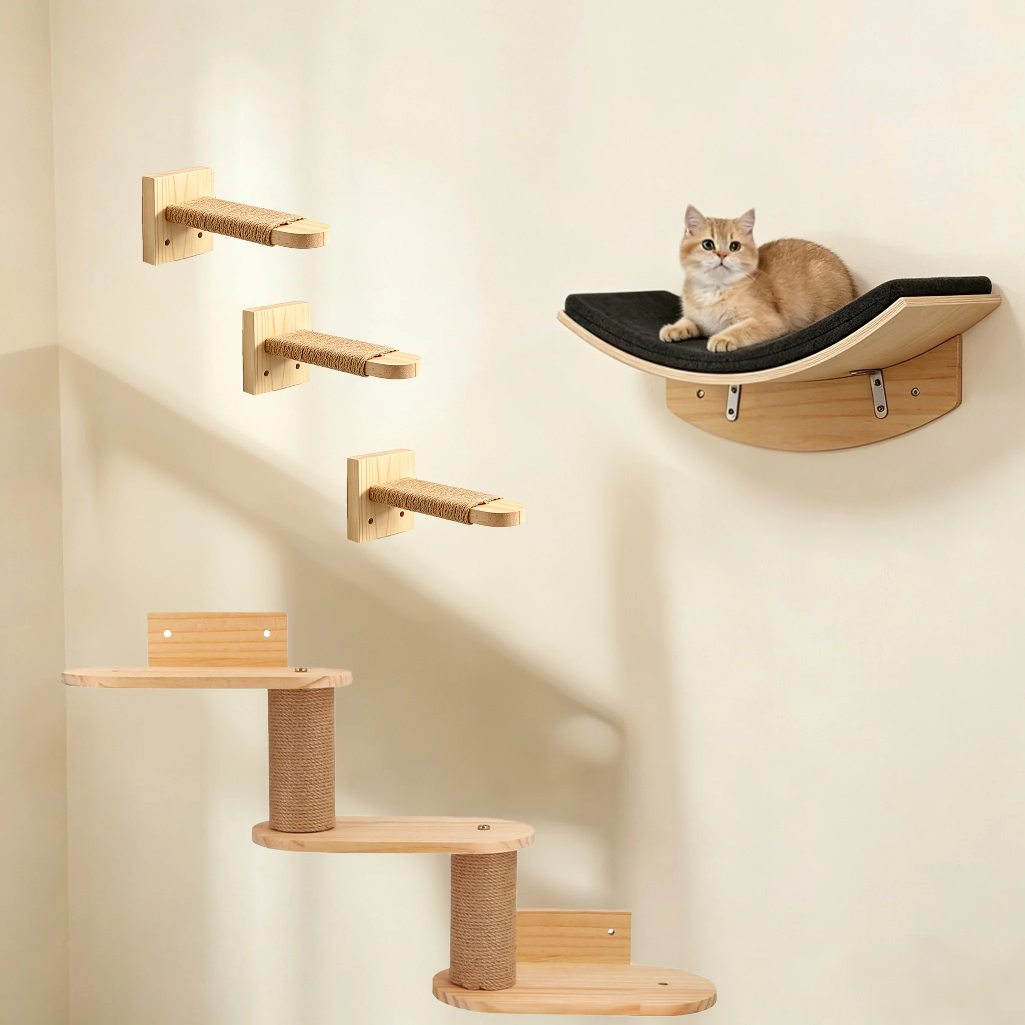 Wandmontierte Katzenmöbel aus Naturholz, Schwebende Katzenregale für Innenräume, Kletter- und Ruheplatz für Kätzchen, Platzsparendes Wandaktivitätsset für Haustiere – Detail 5
