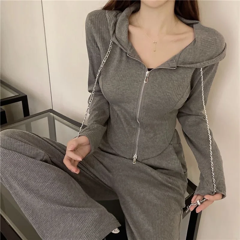 Autumn Women Lady Sets Solid Tracksuit Suit Long-sleeved Zipper Cardigan Hooded crop top Jacket + wide leg Trousers Two-piece